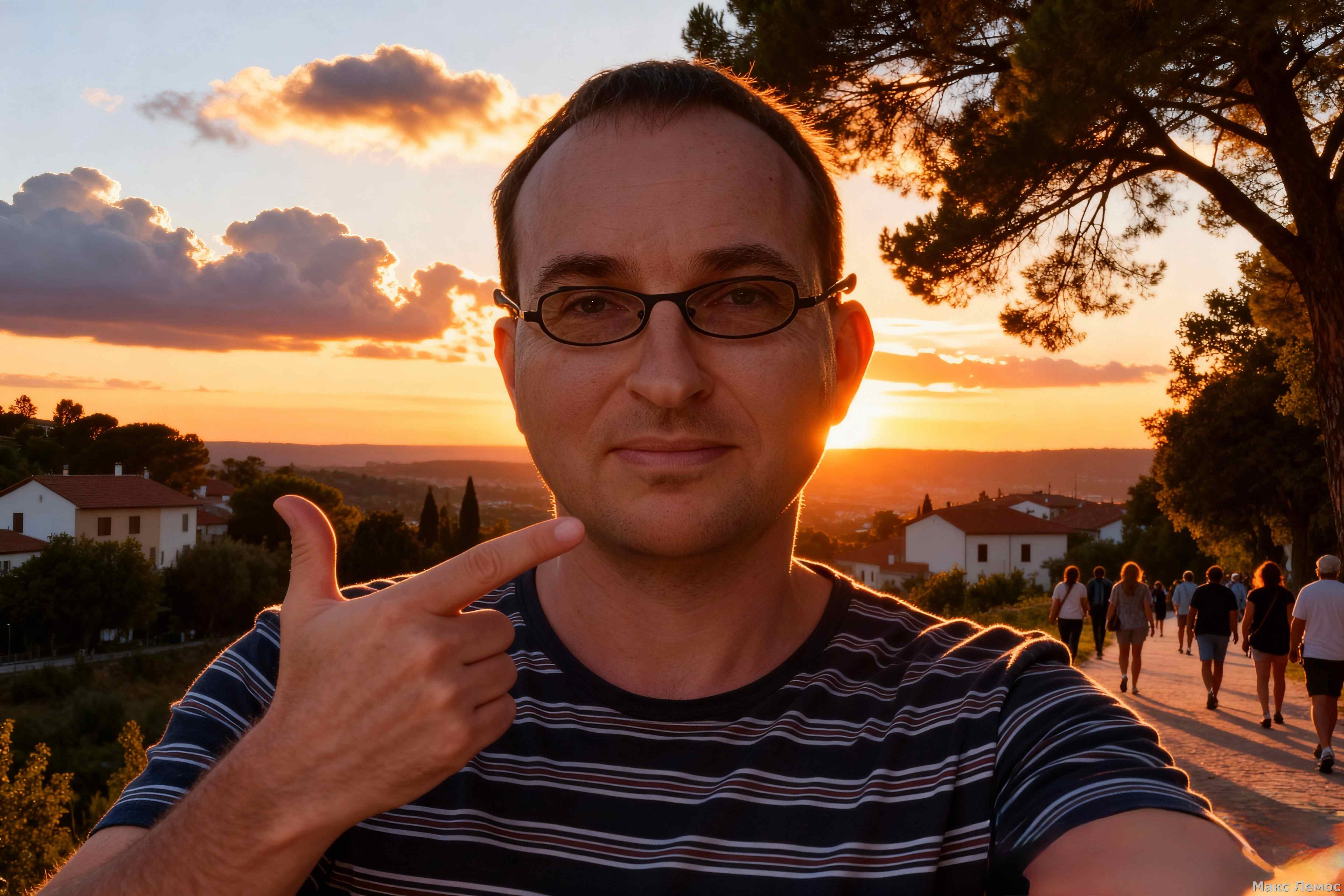 Я, гид в Малаге Макс Лемос указываю на закат, который я заказал специально для туристов!